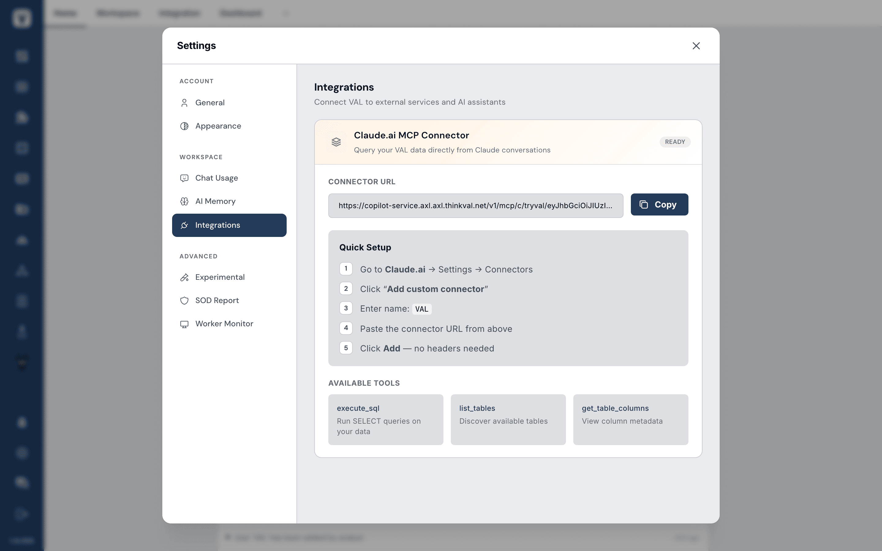 VAL's Integrations settings screen showing the Claude.ai MCP Connector — a connector URL, quick setup steps, and the available tools