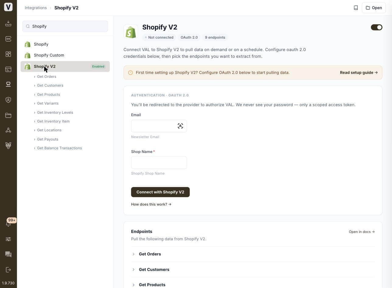 The real Shopify V2 integration screen — 9 distinct endpoints, from orders and customers to inventory and payouts
